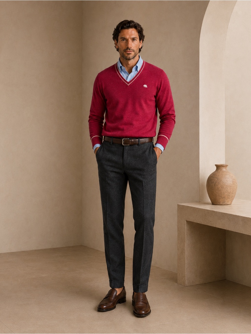 ETRO Milano Men’s 100% Wool V-Neck Sweater Berry Red Size M Made in Italy NWT
